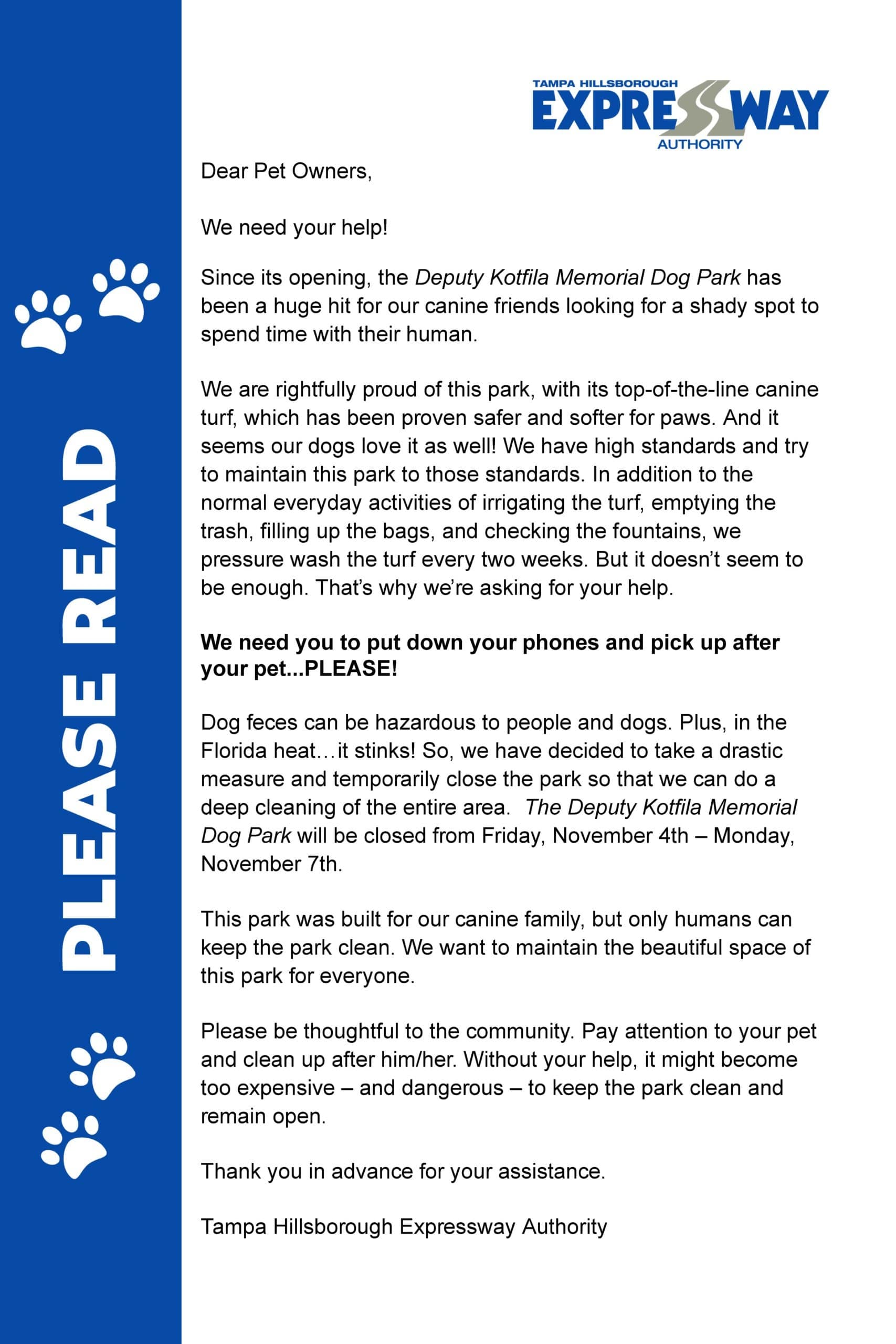 Deputy John Kotfila Dog Park is Closed This Weekend for Cleaning